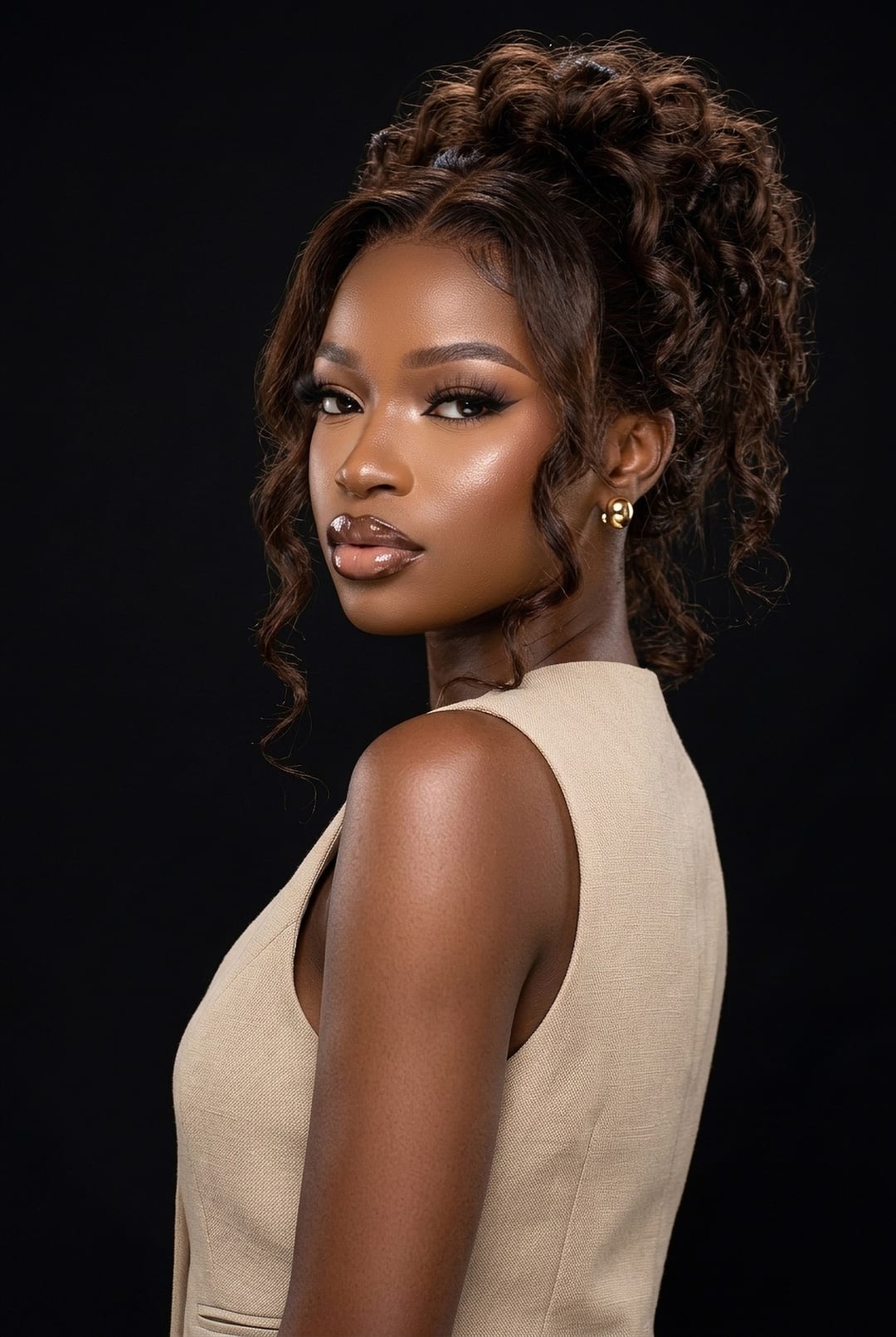 Portrait studio : maquillage lumineux et chignon haut bouclé